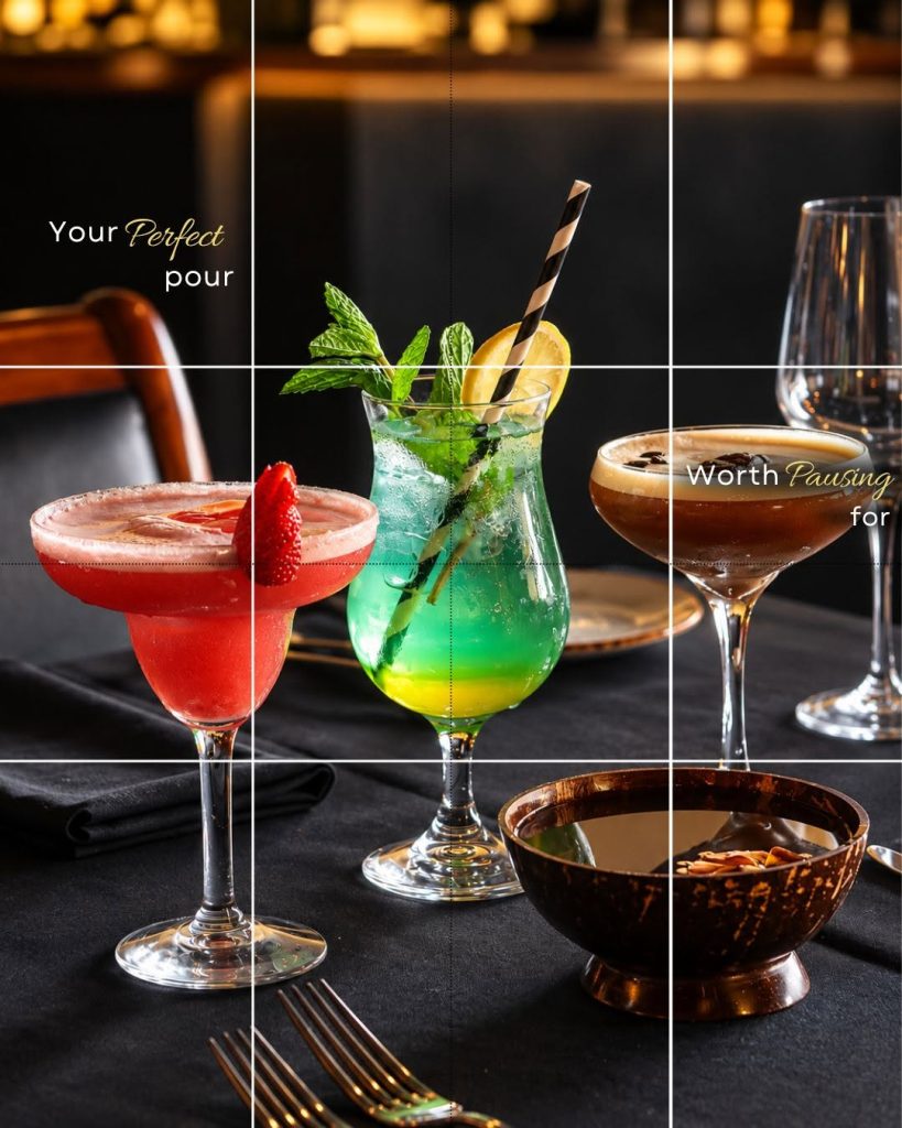 Colourful cocktails and espresso martini served with wine at Waadiya fine dining restaurant in Mount Waverley, Melbourne