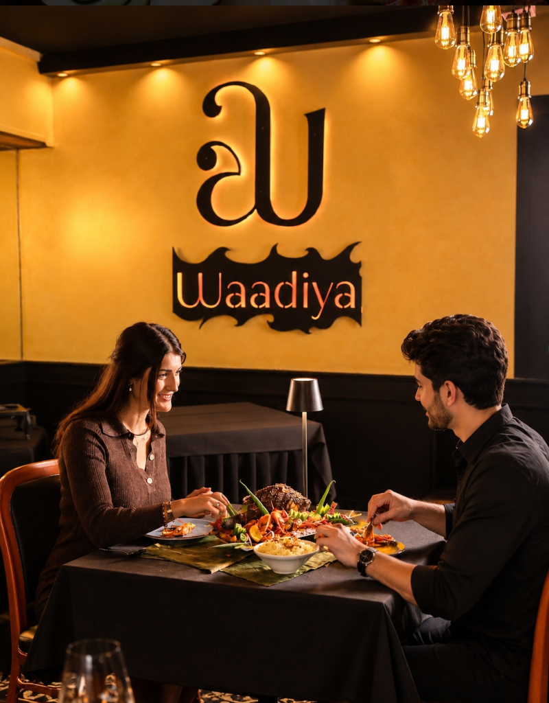 Couple celebrating their wedding anniversary over a romantic dinner at Waadiya restaurant in Mount Waverley, enjoying delicious food in a warm and elegant dining atmosphere.